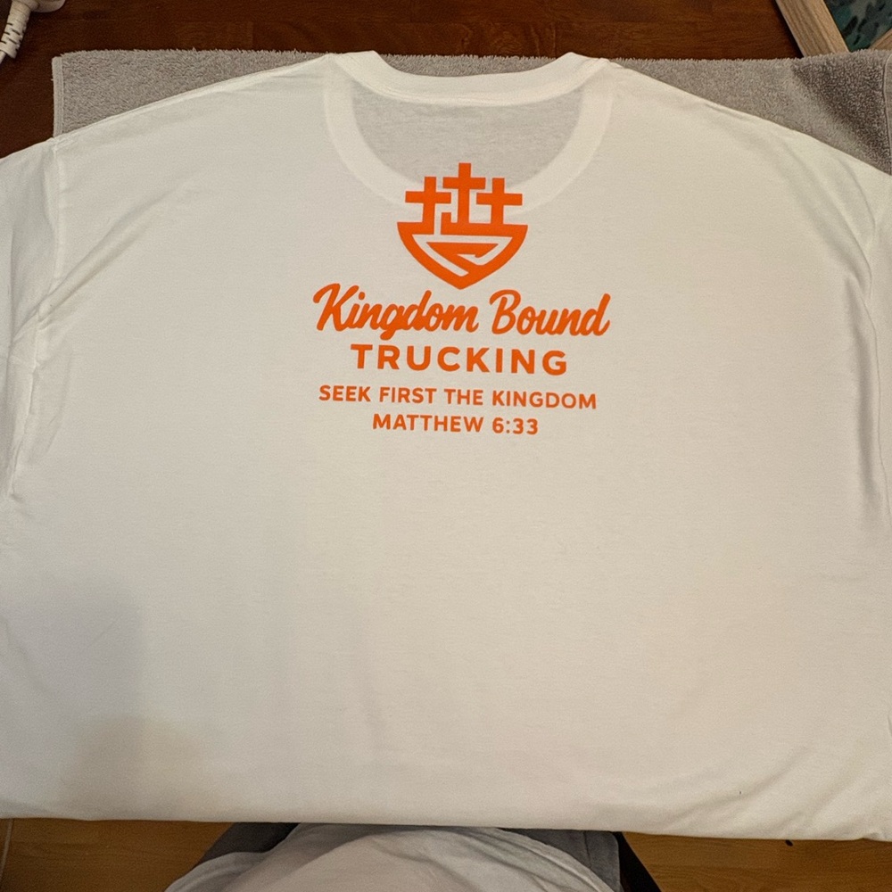White T-Shirt with Orange Kingdom Bound Trucking Print